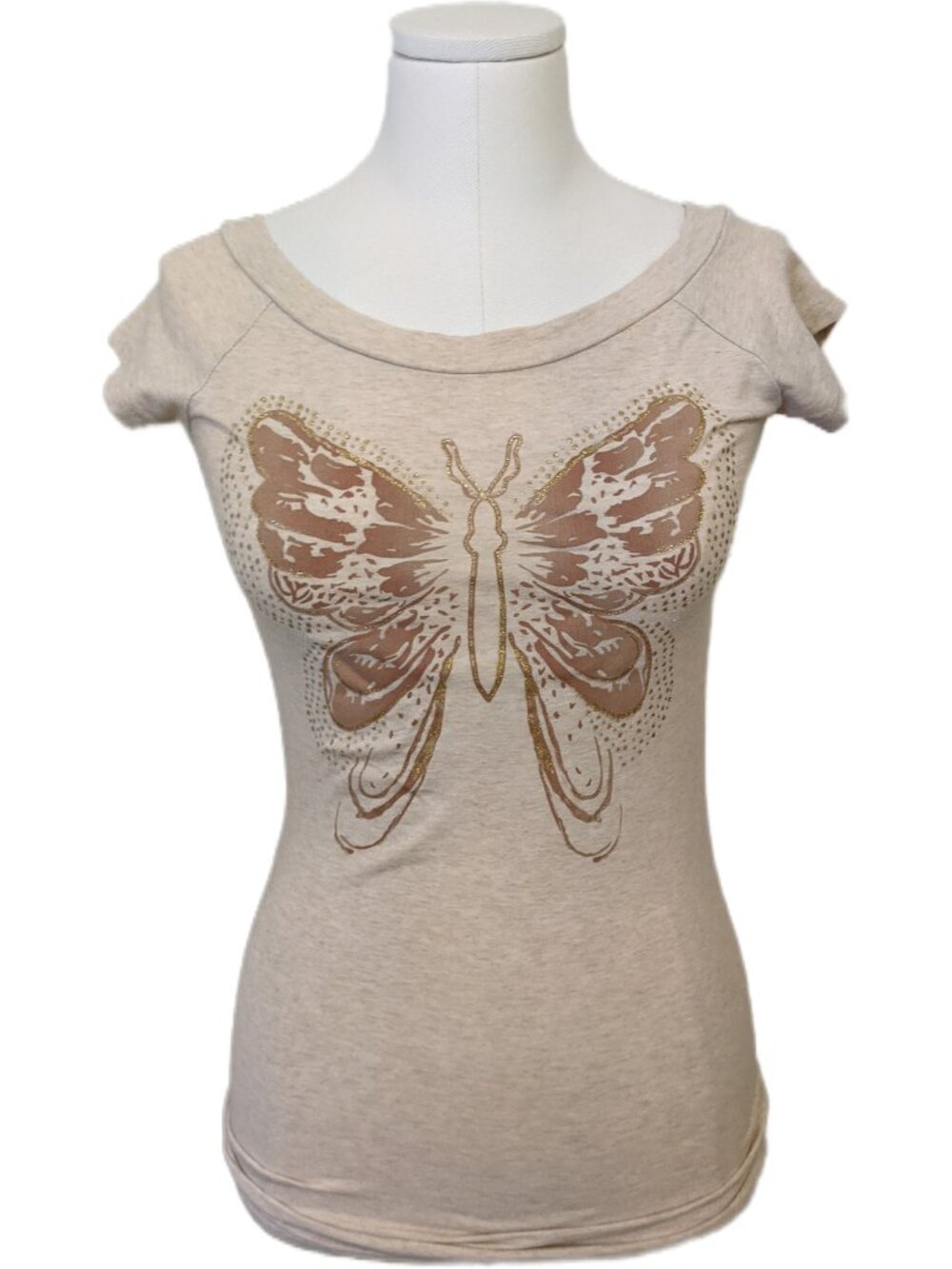 Vintage Y2K Beige Butterfly Graphic Fitted Tee Gold Shimmer Rhinestone Fairycore